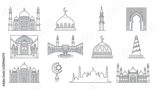 Schilderij op canvas Set of mosque icons, islamic architecture, domes and minarets, religious buildin