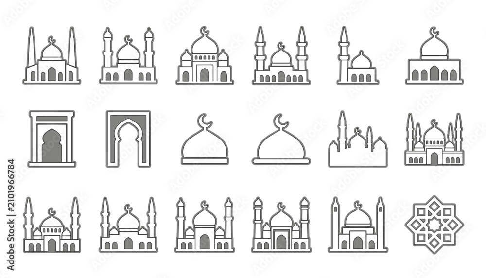 Fototapeta premium Set of mosque icons, islamic architecture, religious buildings, minarets and domes, vector illustration