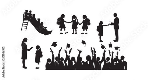 Black silhouettes collection of school children and teachers in educational situations on a white background design.
