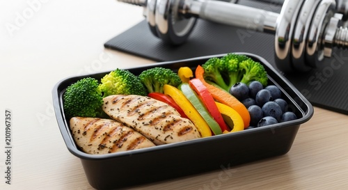 Healthy meal prep container with grilled chicken and vegetables positioned next to a gym dumbbell.
