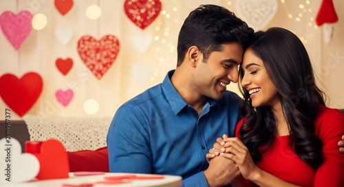Happy young couple celebrating Valentine's Day in a romantic setting.