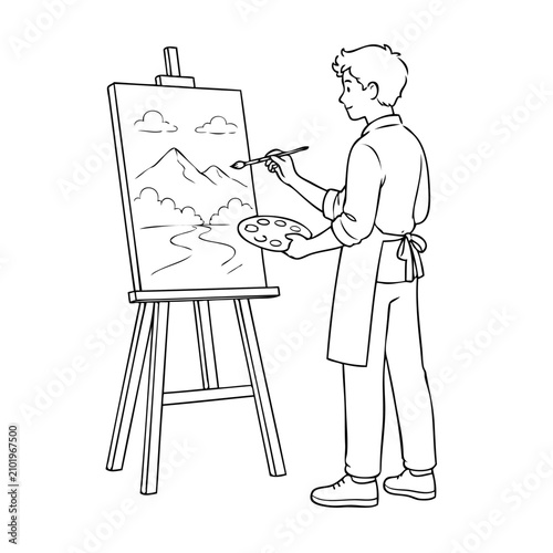 Man painting on canvas. Artist creating landscape artwork