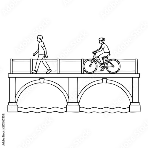 People crossing bridge, cyclist and pedestrian. Urban commute scene.