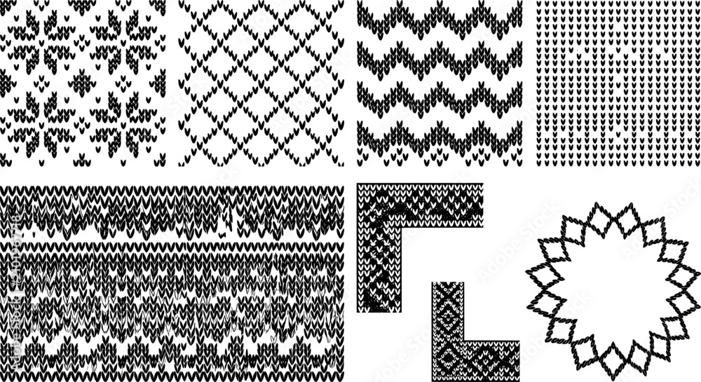 Obraz premium Set of seamless knitted patterns and decorative elements, winter sweater texture collection transparent background