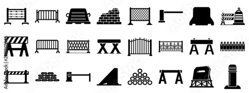 Construction and security barriers solid glyph icon set. Vector illustration.