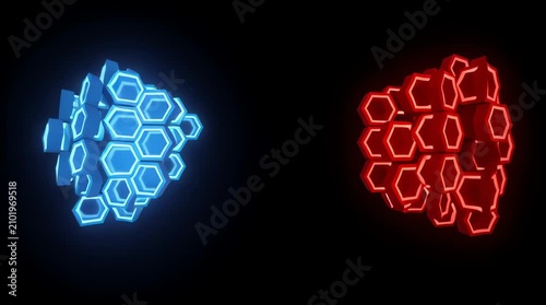 Abstract geometric shapes of glowing blue and red hexagons in a dark background