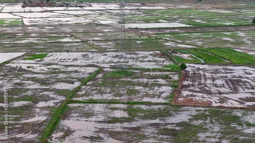 Aerial flooded agricultural fields with water reflections, irrigation channels, and rural landscape scenery.