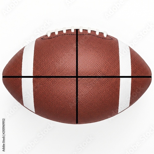 American football ball with white stripes and laces, brown pebbled leather texture, professional sports equipment on white background