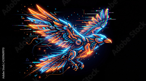 Futuristic digital eagle with neon colors of blue and orange in dynamic motion against a dark background