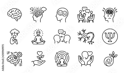 Psychology and mental health outline icon set editable stroke vector illustration