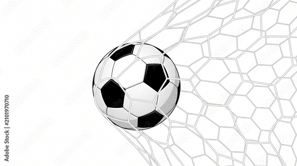 Fototapeta premium Classic black and white soccer ball hitting the white mesh netting after a successful goal during a professional match featuring high contrast lighting and sharp clean vector art style graphics.