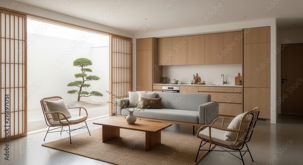 Fototapeta premium Modern Zen Living Space With Indoor Japanese Garden View