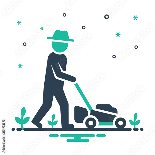Fotografie Man wearing hat pushing lawn mower outdoors in garden on sunny day