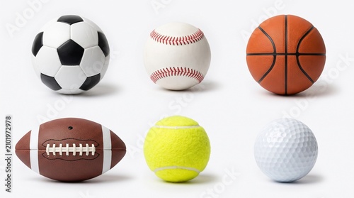 Athletic sports balls collection on white background, set of six equipment including soccer basketball and baseball, professional game gear