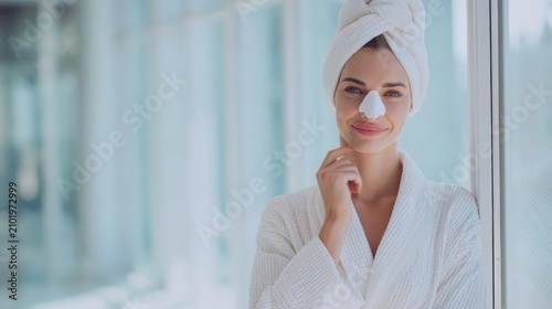 Happy woman with a small elegant postoperative nose bandage smiling confidently near a large window, bright luxury recovery suite, successful