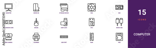 Tableau sur toile Set of 15 outline web Computer icons such as hdd, ram, usb port, scanner, web ca
