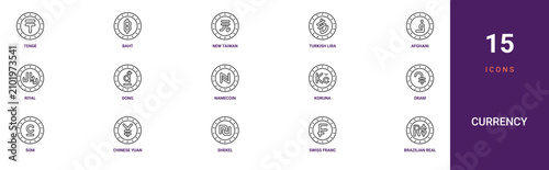Foto Set of 15 outline web Currency icons such as brazilian real, swiss franc, shekel