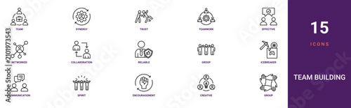 Photos Set of 15 outline web Team Building icons such as group, creative, encouragement