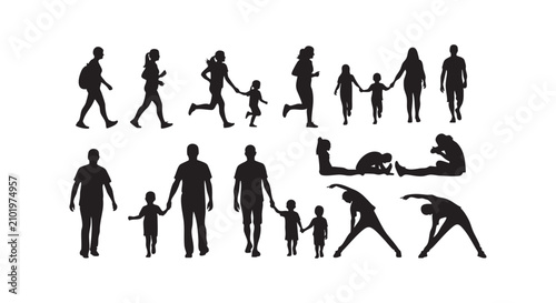 Collection of people silhouettes featuring adults and children walking exercising and bonding in daily activities.