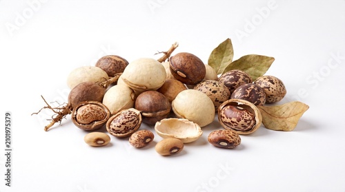 Bambara groundnuts with shells and seeds isolated on a clean white background for botanical study