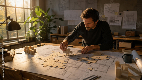 Designer Arranges Cooperative Puzzle Pieces On A Floor Plan