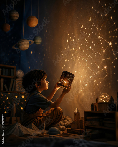 Child Projects Constellations Through A Punched-Paper Lantern
