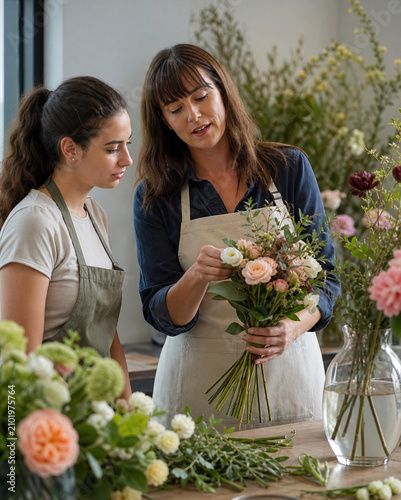 Florist Teaches An Assistant To Assemble A Modern Bouquet