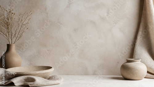 Clay And Linen Forms Create A Quiet Still Life With Central Copy Space