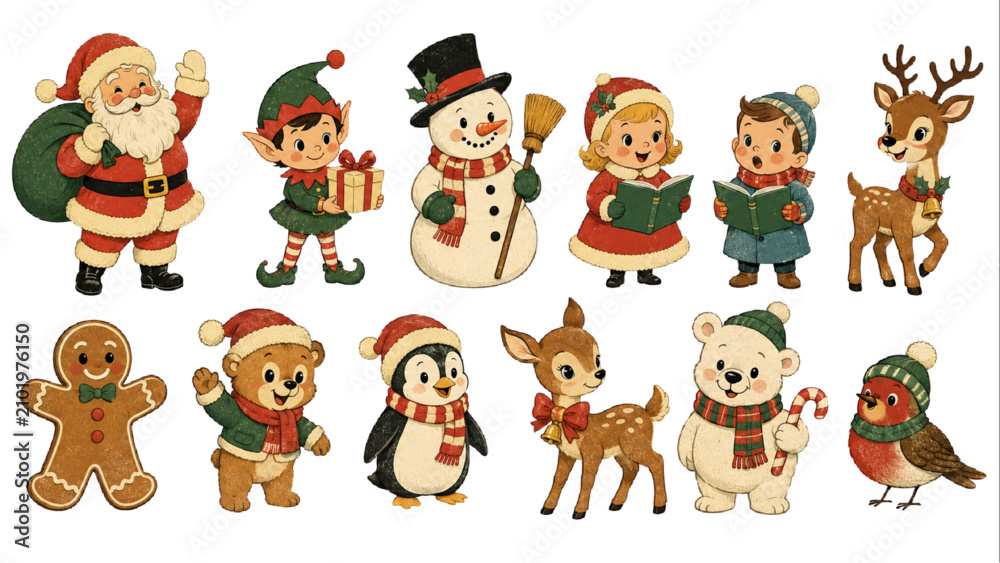 Fototapeta premium Vintage Christmas Character Collection with Santa Animals Snowman and Elf Vector Set