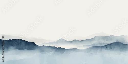 Obraz na płótnie Misty Mountain Serenity ethereal landscape painting depicts layered mountain ranges shrouded in mist, evoking a sense of profound peace and natural grandeur