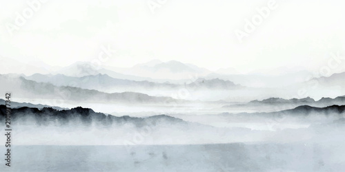 Fotografía Misty Mountain Serenity A breathtaking panoramic vista of layered mountain ranges shrouded in ethereal mist, evoking a sense of profound tranquility and the sublime beauty of nature