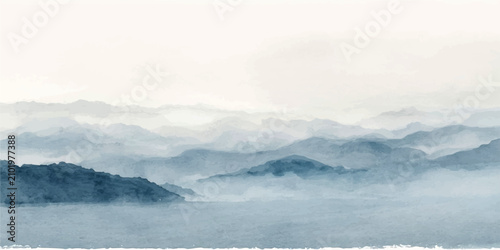 Bild auf Leinwand Misty Mountain Serenity ethereal mist envelops layered mountain ranges, creating a tranquil and expansive landscape, hinting at nature's quiet grandeur