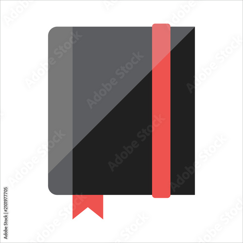 Black personal notebook with red elastic strap and page marker bookmark