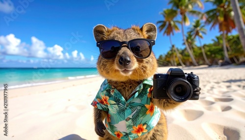 Quokka on a Tropical Beach Vacation with Camera and Sunglasses.