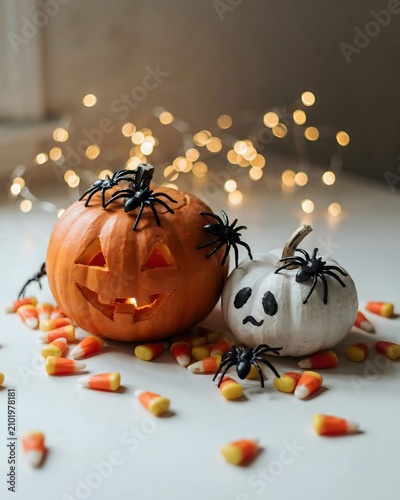 Festive halloween still life with carved pumpkins candy corn and spooky spider decorations