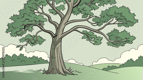 A detailed vector illustration of a lush green tree standing in a scenic rolling landscape with soft clouds, featuring artistic line work and natural colors for a peaceful outdoor atmosphere.