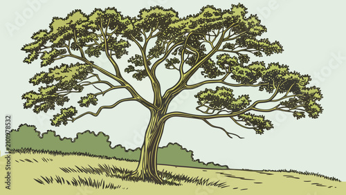 A vintage style hand drawn vector illustration of a large spreading tree in a grassy field, rendered with soft green tones and detailed line work, perfect for rustic or environmental designs.