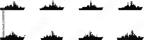 Schilderij op canvas Collection of black silhouette warship outlines