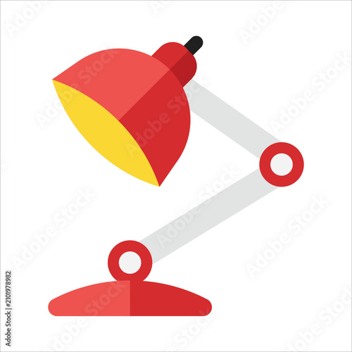 Adjustable red desk lamp flat icon with lighting furniture workspace interior