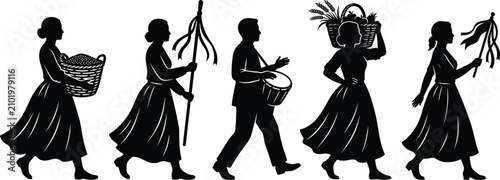 Bild auf Leinwand Vintage style silhouette vector illustration of traditional village people carry