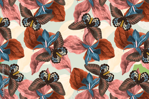 Cuadro en lienzo Butterfly botanical seamless pattern background, exotic nature remix from The Na