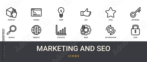 Bild auf Leinwand Set of 12 outline web Marketing and SEO icons such as lock, optimization, gear,
