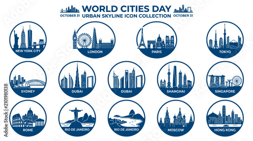 Urban skyline icons of major cities around the world on World Cities Day