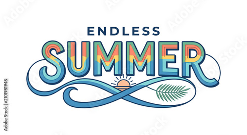 Endless Summer Colorful Typography Illustration with Ocean Wave, Sunset and Palm Leaf Hand Lettering Isolated on Transparent Background