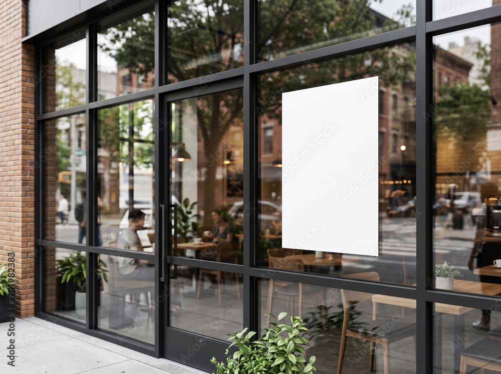 Fototapeta premium Blank Vertical Poster Mockup on Modern Café Glass Window With Urban Reflections, Brick Exterior and Softly Visible Restaurant Interior