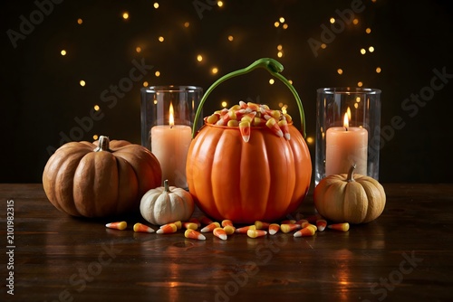 Festive halloween still life with candy corn pumpkins and glowing candles on a wooden table