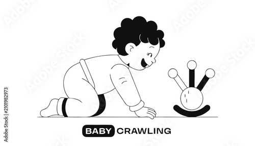realistic vector illustration of a BABY CRAWLING featuring a bold label reading 