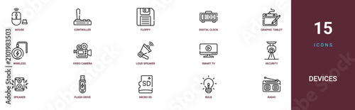 Set of 15 outline web Devices icons such as radio, bulb, micro sd card, flash drive, speaker, security camera, smart tv vector icons for report, presentation, diagram, web design, mobile app