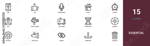 Set of 15 outline web Essential icons such as garbage, download, unlink, spotlight, setting, compass, hourglass vector icons for report, presentation, diagram, web design, mobile app