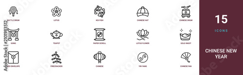 Set of 15 outline web Chinese New Year icons such as chinese fan, yin yang, chinese lantern, firecracker, red envelope, gold ingot, lotus flower vector icons for report, presentation, diagram, web